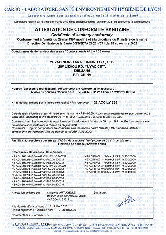 ACS Certificate for Metal Shower Hose