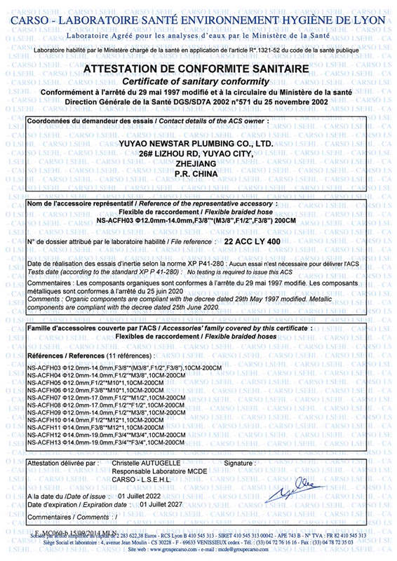 ACS Certificate for Flexible Braided Hose
